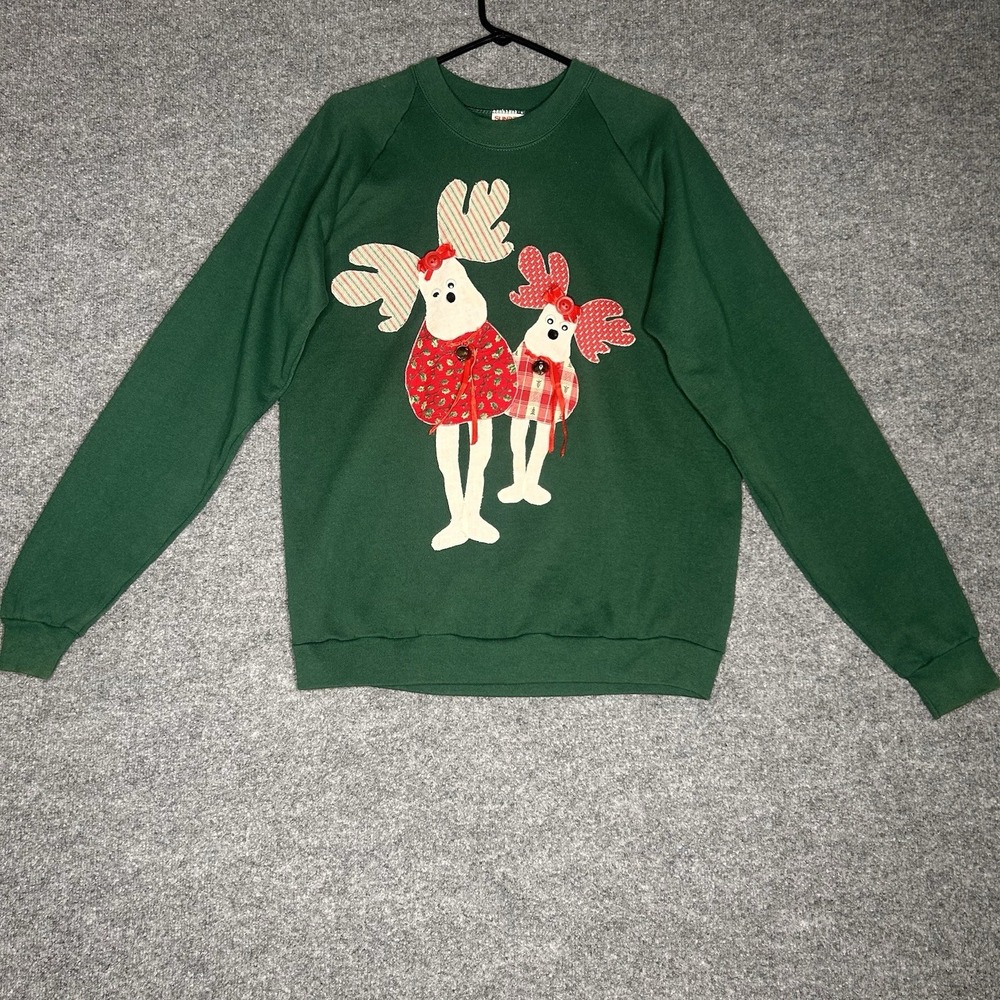 Vintage Christmas Sweatshirt Reindeers Adult Size Xl Green Holidays Sunbelt